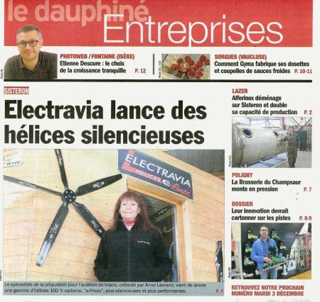 Electravia hélices E-Props en couverture du Dauphiné Libéré supplément entreprises du 19 novembre 2013