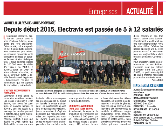 le Dauphiné Libéré Entreprises 20 oct 2015 Electravia décolle grâce à ses hélices