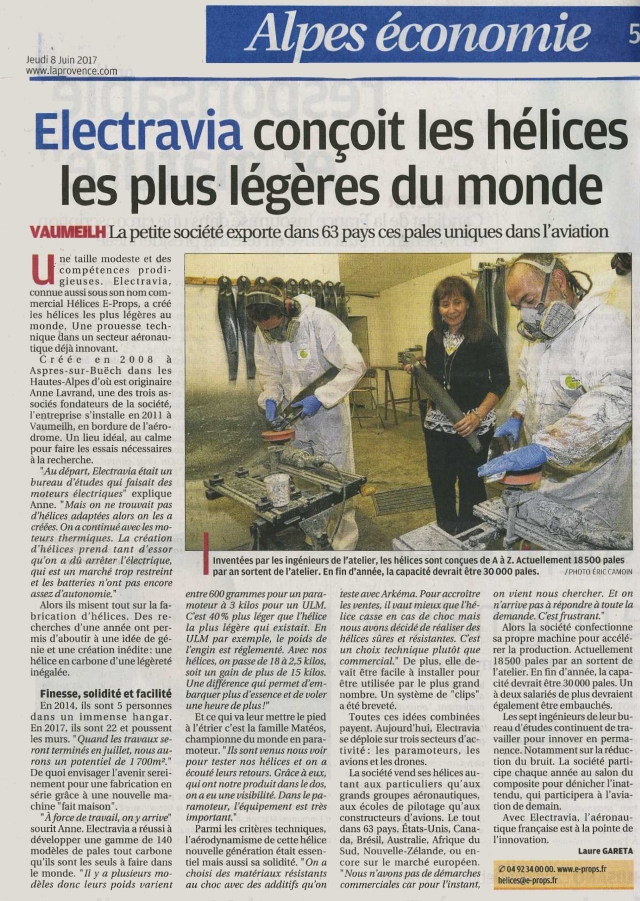 Article Electravia E-Props dans La Provence économie du 08-06-2017